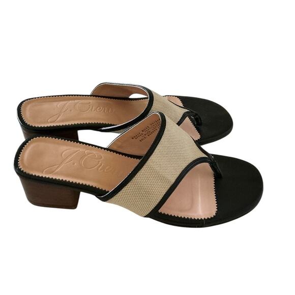 J. Crew women's Tan Black Cloth Canvas Block Heel Thong Sandals Sz 6.5 - Picture 1 of 5